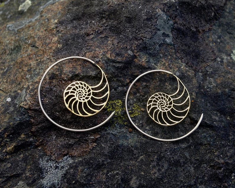 Puede incluir: Un par de pendientes de aro de plata con un dise&ntilde;o de concha de nautilus de oro. Los pendientes son delicados y femeninos.