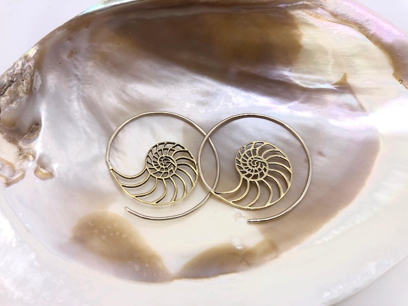 May include: A pair of gold-toned hoop earrings with a nautilus shell design. The earrings are delicate and intricate, with a spiral pattern that resembles a seashell.