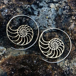 May include: A pair of silver hoop earrings with a nautilus shell design. The earrings are large and have a delicate, intricate design.
