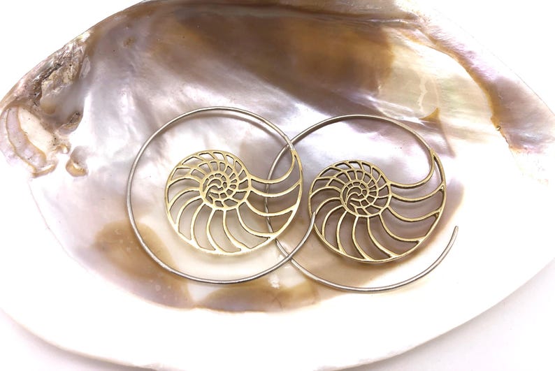 Puede incluir: Un par de pendientes de lat&oacute;n dorado con un dise&ntilde;o de concha de nautilus. Los pendientes son de aro y tienen un dise&ntilde;o delicado e intrincado.