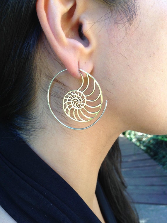 Brass Nautilus Spiral Earrings / Sacred Geometry Boho Gold Spirals / Ammonite Fossil Seashell Earrings / Gold Geometric Hoops - E162