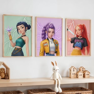 Poster Kpop Demon Hunters Huntrx Fan Art Impression murale pour les fans de K-pop Demon Hunter Poster Rumi Zeo Mira, lot de 3 oeuvres d&#39;art pour chambre à coucher Kpop Girl anime