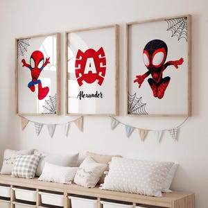 Arte personalizzata per la cameretta di Spiderman: set di stampe personalizzate di supereroi (download digitale)