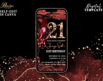 Uitnodiging 21e verjaardagsfeestje rood goud digitale 21e Glam Dinner Party uitnodiging 21e mobiele uitnodiging sjabloon 21e Evite voor vrouwen mannen