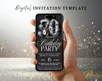 70th Birthday Party Invitation Black White Digital 70th Glam Dinner Brunch Party Invitation Mobile Invite Template 70th Evite for Women Men