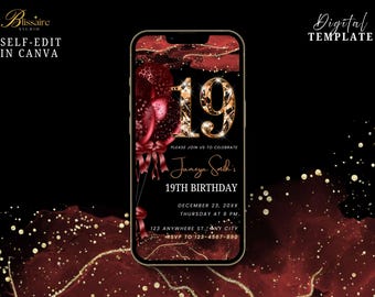 Digital 19th Birthday Party Invitation Birthday Men Women Phone Text Message Digital Invite 19th Mobile Evite Template