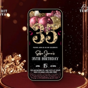 Könnte beinhalten: Digitale Geburtstagseinladung auf einem Smartphone-Bildschirm. Das Design zeigt goldglitzernde Zahlen "35" auf schwarzem Hintergrund. Die Einladung enthält den Text "Sofia Jane's 35. Geburtstag" und die Veranstaltungsdetails.