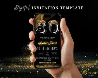 Invitación digital para el 30 cumpleaños con foto, en negro y dorado. Invitación digital para el 30 cumpleaños para mujeres y hombres. Plantilla para cena de cumpleaños.