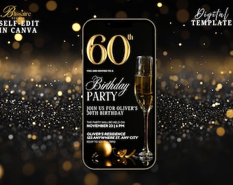 Digitale Einladung zum 60. Geburtstag Schwarz Gold 60.Geburtstag Evite Digitale Einladung für Frauen Männer Geburtstag Abendessen Brunch Party Canva Vorlage