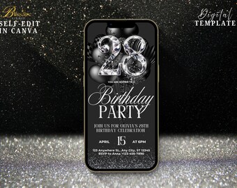 Digital 28th Birthday Invitation Black White 28th Birthday Evite Digital Invite for Women Men Birthday Dinner Brunch Party Canva Template
