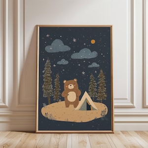 Teddy Bear Camping Nursery Print: Whimsical Kids Room Decor (Digital Download)
