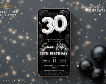 Digital 30th Birthday Invitation Photo Invite Black White 30th Birthday Evite Digital Invite for Women Men Birthday Dinner Party Template