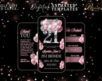 Digital 21st Birthday Party Invitation Digital Black Pink Dinner Invite for Women 21st Animated Video Birthday Dinner Party Template
