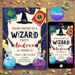 Faire-part de fête d'anniversaire de sorcier, faire-part d'anniversaire école de sorcier, modèle d'invitation de fête d'anniversaire de sorcellerie magique, carte baguette et sorcières