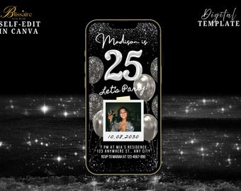 Digital Photo Template 25th Birthday Invitation Black and Silver Birthday Evite Mobile Invite for Men Women Birthday Dinner Brunch Party