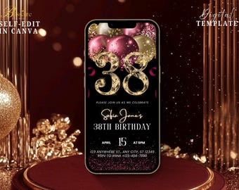 Digital 38-årsinbjudan, rödguld, digital inbjudan till 38-årsdag för kvinnor och män, födelsedagsmiddag, brunchfest, Canva-mall