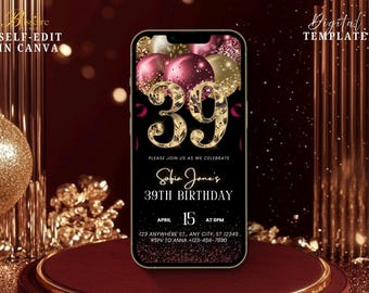 Digitale Einladung zum 39. Geburtstag Rot Gold 39. Geburtstag Evite Digitale Einladung für Frauen Männer Geburtstag Abendessen Brunch Party Canva Vorlage