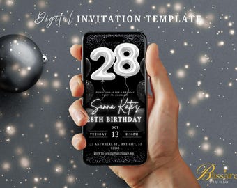 Digital 28th Birthday Invitation Photo Invite Black White 28th Birthday Evite Digital Invite for Women Men Birthday Dinner Party Template