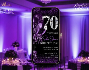 70th Birthday Party Invitation Purple Black Digital 70th Glam Dinner Party Invitation 70th Mobile Invite Template 70th Evite for Women Men