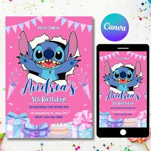 Modèle d'invitation d'anniversaire modifiable Stitch, invitation mobile Stitch et Lilo, invitation de fête numérique pour enfants, invitation de carte d'anniversaire Lilo, point