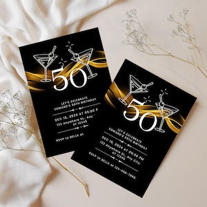 Invitación sorpresa para fiesta de 50 cumpleaños, tarjeta de invitación glamurosa en negro y dorado, fiesta de vino para 30, 40 y 50 cumpleaños, celebración de 50 cumpleaños