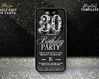 Digital 30th Birthday Invitation Photo Invite Black White 30th Birthday Evite Digital Invite for Women Men Birthday Dinner Party Template