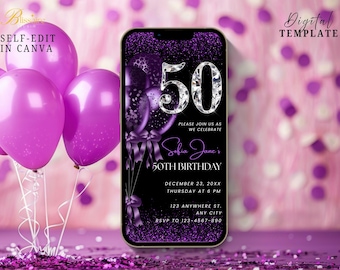 50th Birthday Party Invitation Purple Black Digital 50th Glam Dinner Party Invitation 50th Mobile Invite Template 50th Evite for Women Men