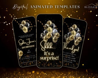 Digital Surprise Birthday Party Invitation Black and Gold Surprise Animated Invitation Shhh Surprise Birthday Video Invite
