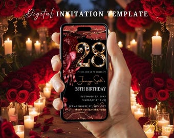 28th Birthday Party Invitation Red Gold Digital 28th Glam Dinner Party Invitation 28th Mobile Invite Template 28th Evite for Women Men