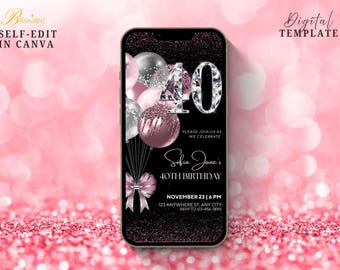 Cyfrowe zaproszenie na 40. urodziny w kolorze czarno-różowym, cyfrowe zaproszenie na 40. urodziny dla kobiet i mężczyzn, szablon Canva na kolację i brunch