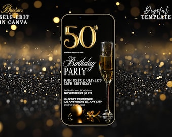 Invitación para fiesta de 50 cumpleaños, diseño digital en negro y dorado, para cena glamurosa de 50 cumpleaños, brunch, plantilla de invitación móvil, 50 cumpleaños en Evite para mujeres y hombres.