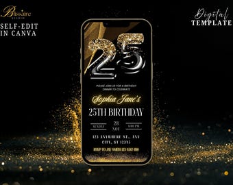 Invitación digital para el 25 cumpleaños, invitación electrónica para el 25 cumpleaños, invitación digital minimalista para la fiesta del 25 cumpleaños, invitación digital para mujeres y hombres para el 25 cumpleaños
