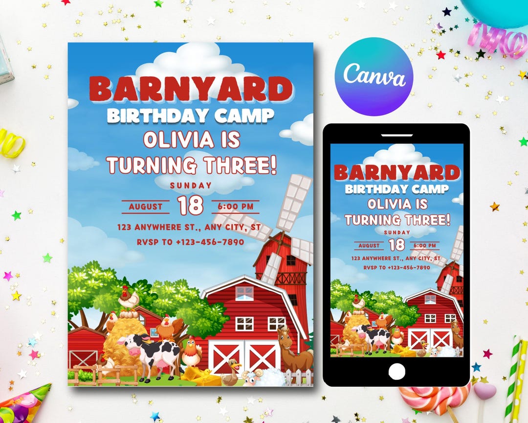 Farm Animals Birthday Invitation: Editable Barnyard Party Invite (canva ...