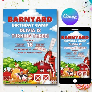 Farm Banyard Birthday Invitation, Farm Animals Party Invites, Barnyard Animals Ranch Birthday Invitation, Farmhouse Camp Invite, Farmyard
