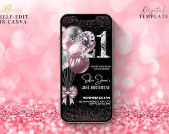 21st Birthday Party Invitation Black Pink Digital 21st Glam Dinner Brunch Party Invitation Mobile Invite Template 21st Evite for Women Men