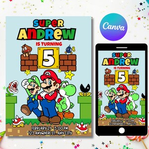 Modelo de convite de aniversário do Super Mario, festa do Mario Bros, convite para gamer, convite para festa de menino, convite para festa de aniversário infantil, Super Mario
