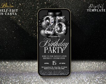 Black and White 25th Birthday Party Invitation Digital 25th Glam Dinner Brunch Party Invitation Mobile Invite Template Evite for Women Men