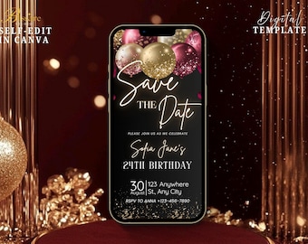 Digital Save the date Invitation Template Digital Gold Red Birthday Party Invite Birthday Dinner Brunch Evite Mobile Template for Men Woman