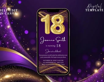 18th Birthday Party Einladung Lila Gold Digital 18th Glam Dinner Brunch Partyeinladung Mobile Invite Template 18th Evite for Women Men
