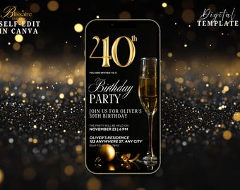 Digital 40. Geburtstagseinladung Schwarz Gold 40.Geburtstag Evite Digitale Einladung für Frauen Männer Geburtstag Abendessen Brunch Party Canva Vorlage