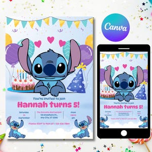 Modèle d'invitation d'anniversaire modifiable Stitch, invitations d'anniversaire imprimables, invitation numérique à une fête d'enfants, invitation numérique pour carte d'anniversaire, point