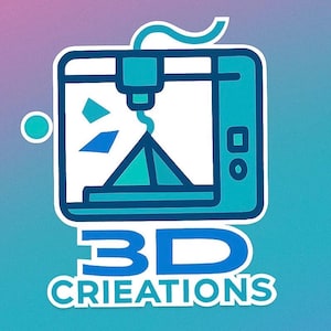 Könnte beinhalten: Ein Aufkleber mit einem stilisierten 3D-Drucker-Symbol in Blaugrün und Dunkelblau mit weißer Umrandung. Unter der Grafik des Druckers steht der Text 3D CRIEATIONS in fetten, weißen, serifenlosen Großbuchstaben mit dunkelblauer Umrandung.