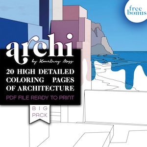 Może przedstawiać: Czarno-biała ilustracja budynku z widokiem na ocean. Tekst "archi by Kourtney Moss" znajduje się w górnej części obrazu. Tekst "20 High Detailed Coloring Pages of Architecture" znajduje się pod ilustracją. Tekst "PDF File Ready to Print" znajduje się pod nim. Tekst "Big Pack" znajduje się w ramce pod nim.