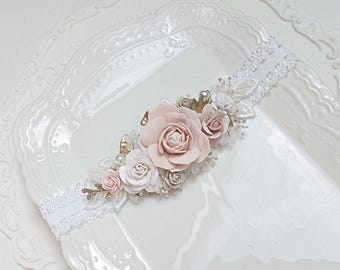 Baptism baby girl headband, flower baby girl headband, newborn beby wreath, pink and white baby girl headband, flower crown for baby girl.