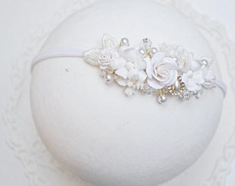 Elegant white Baptism baby girl headband, flower baby girl headband, newborn baby wreath, Ivory and white baby girl headband,