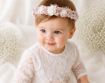 Baptism baby girl headband, flower baby girl headband, newborn baby wreath, lilac and white baby girl headband, lila3 crown for baby girl.