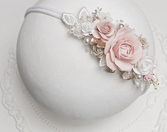 Baptism baby girl headband, flower baby girl headband, newborn beby wreath, pink and white baby girl headband, flower crown for baby girl.