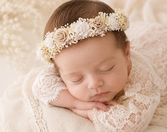 Tauf-Baby-Mädchen-Stirnband, Blumen-Baby-Mädchen-Stirnband, Neugeborenen-Baby-Kranz, rosa und grünes Baby-Mädchen-Stirnband, Blumenkrone