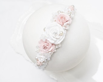Elegant white Baptism baby girl headband, flower baby girl headband, newborn baby wreath, Ivory and white baby girl headband, floral crown