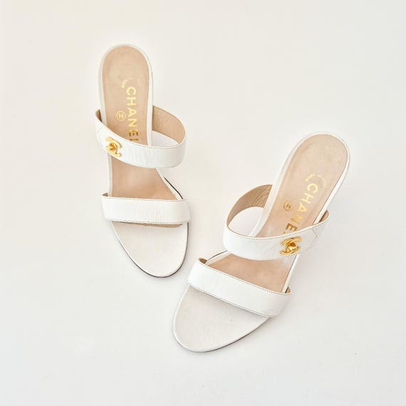 Chanel Vintage 1990s CC Turnlock Mule Sandal Heels White Leather